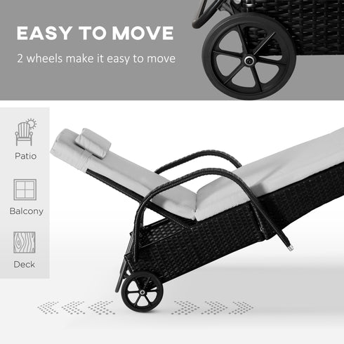 3 Piece Wicker Lounge Chair Set Outdoor Loungers With Armrests Cushion Headrest Side Table Wheel Black
